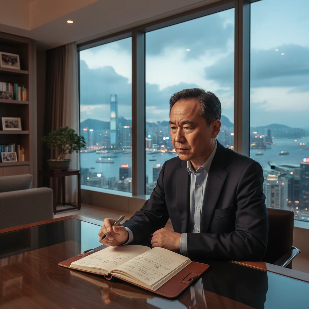 A photorealistic image of a thoughtful middle-aged adult sitting calmly at a wooden desk in a serene home office in Hong Kong, gazing out a window with a city skyline view, holding a pen as if contemplating future plans, symbolizing preparation and legacy without showing any documents or children.