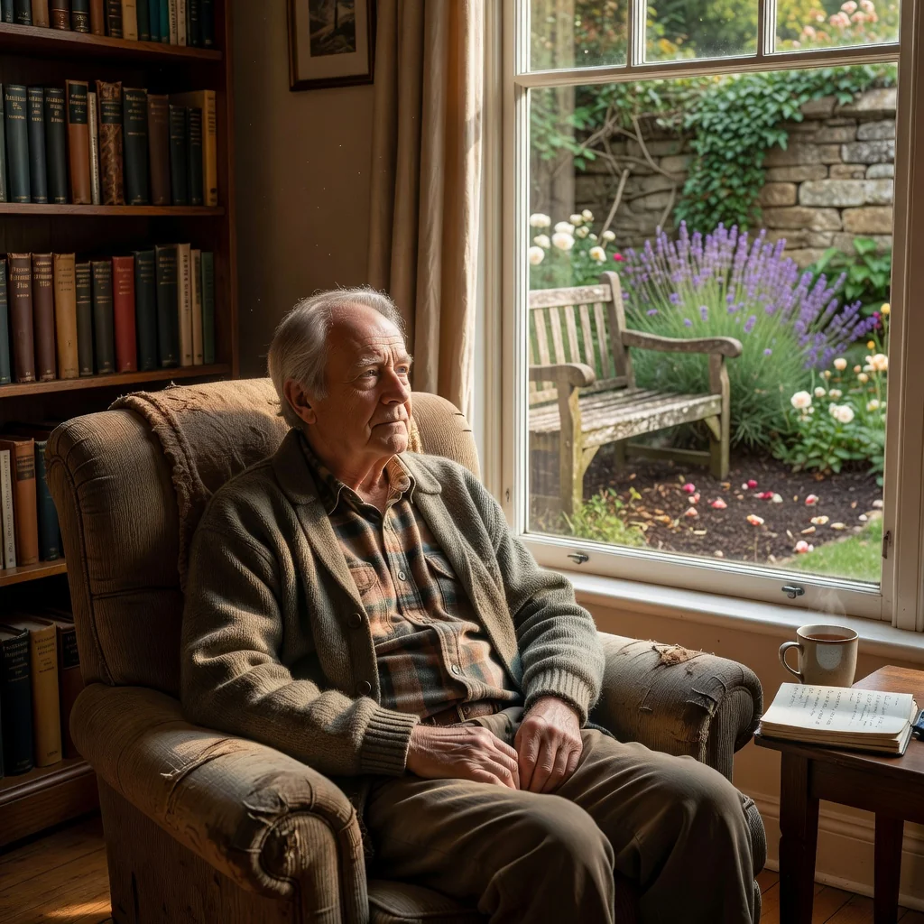 A photorealistic image representing the purpose of a living will, showing a serene elderly adult in a peaceful home setting, thoughtfully reflecting on life choices with a subtle sense of security and planning for the future, no documents visible, no children present.