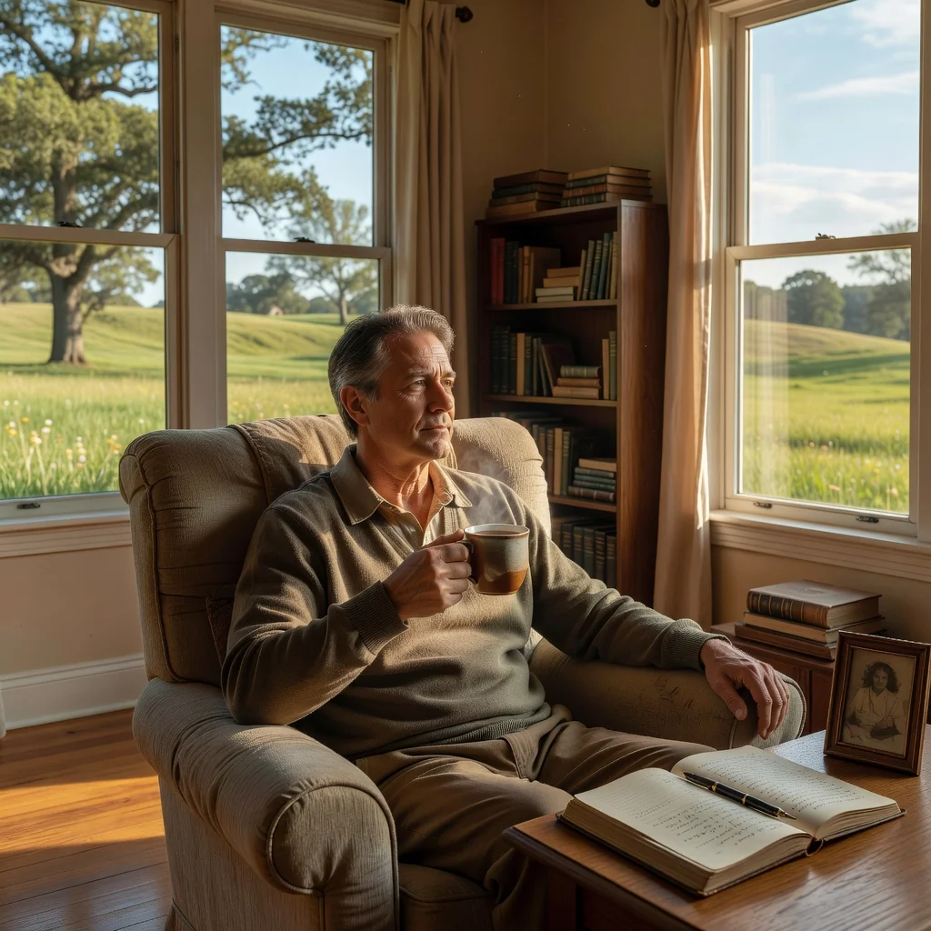 A photorealistic image of a thoughtful middle-aged adult sitting calmly in a cozy home office, gazing out a window at a peaceful garden, symbolizing reflection on life choices and future planning, with warm natural light illuminating the scene, evoking serenity and personal legacy without any focus on documents.