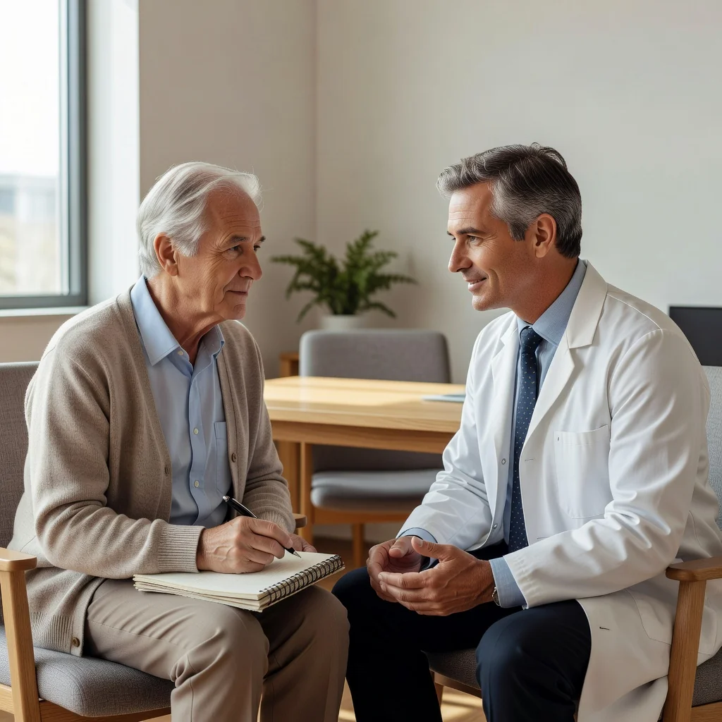 A serene photorealistic image of an elderly adult in a hospital setting, thoughtfully discussing end-of-life care preferences with a compassionate doctor, symbolizing the purpose of an advance medical directive in planning future healthcare decisions. The scene conveys peace, respect, and personal empowerment, with no children present.