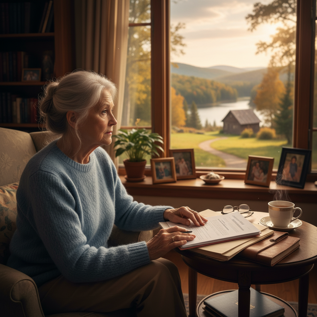 A photorealistic image of a thoughtful elderly adult sitting in a comfortable living room, gazing out a window at a serene garden, symbolizing planning for future healthcare wishes and end-of-life care, with warm natural light illuminating the scene, no documents or text visible, no children present.