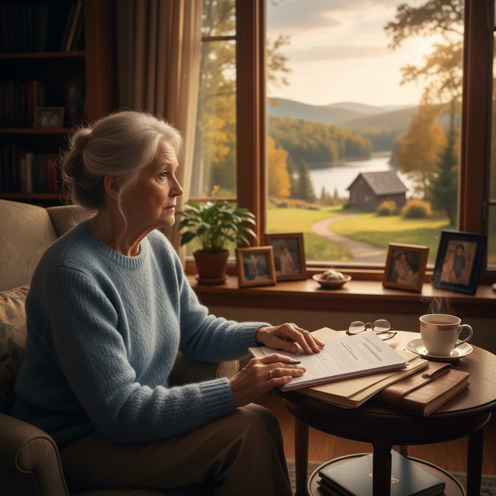 A photorealistic image of a thoughtful elderly adult sitting in a comfortable living room, gazing out a window at a serene garden, symbolizing planning for future healthcare wishes and end-of-life care, with warm natural light illuminating the scene, no documents or text visible, no children present.