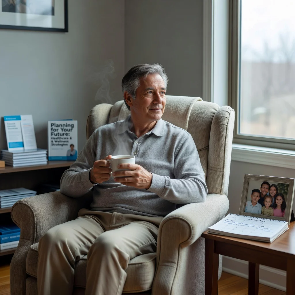 A photorealistic image of an elderly adult person in a thoughtful pose, sitting calmly in a cozy home setting, symbolizing personal planning and care for future health decisions, with soft natural light and warm tones.