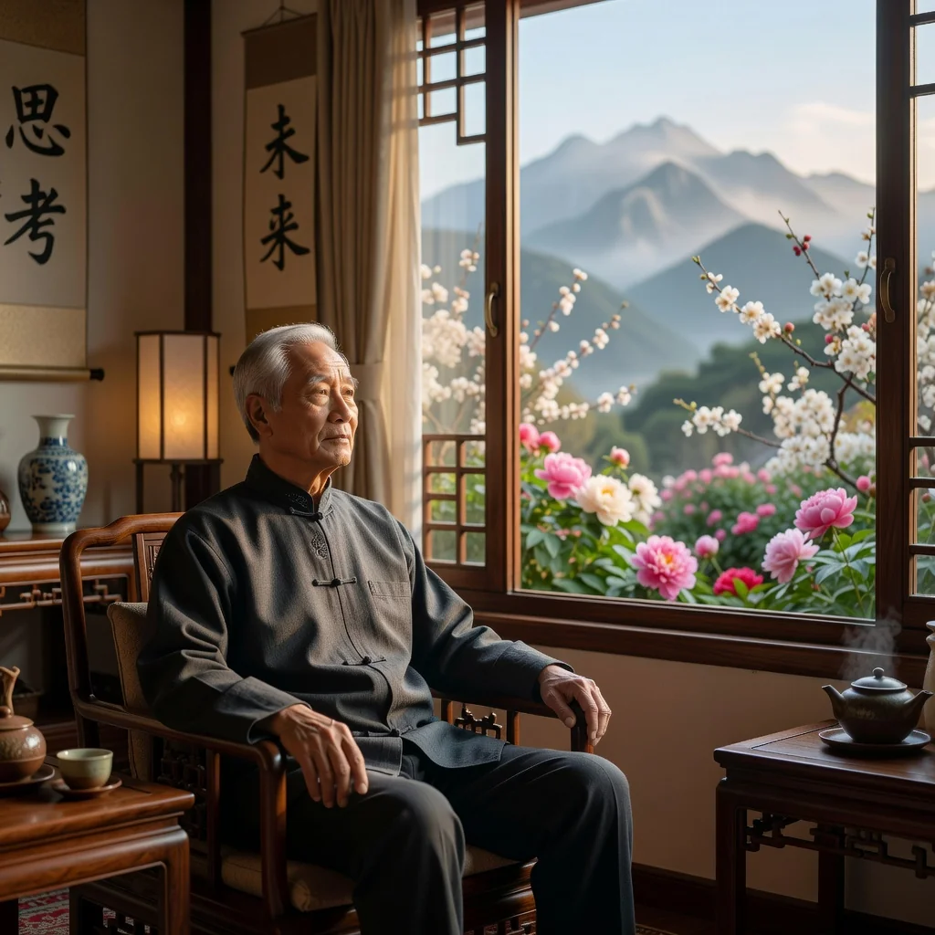 A photorealistic image of an elderly Chinese man in his 60s, sitting thoughtfully in a traditional Chinese home, gazing out a window at a serene garden, symbolizing planning for the future and legacy without showing any legal documents. The scene conveys peace, reflection, and family heritage, with warm natural lighting.