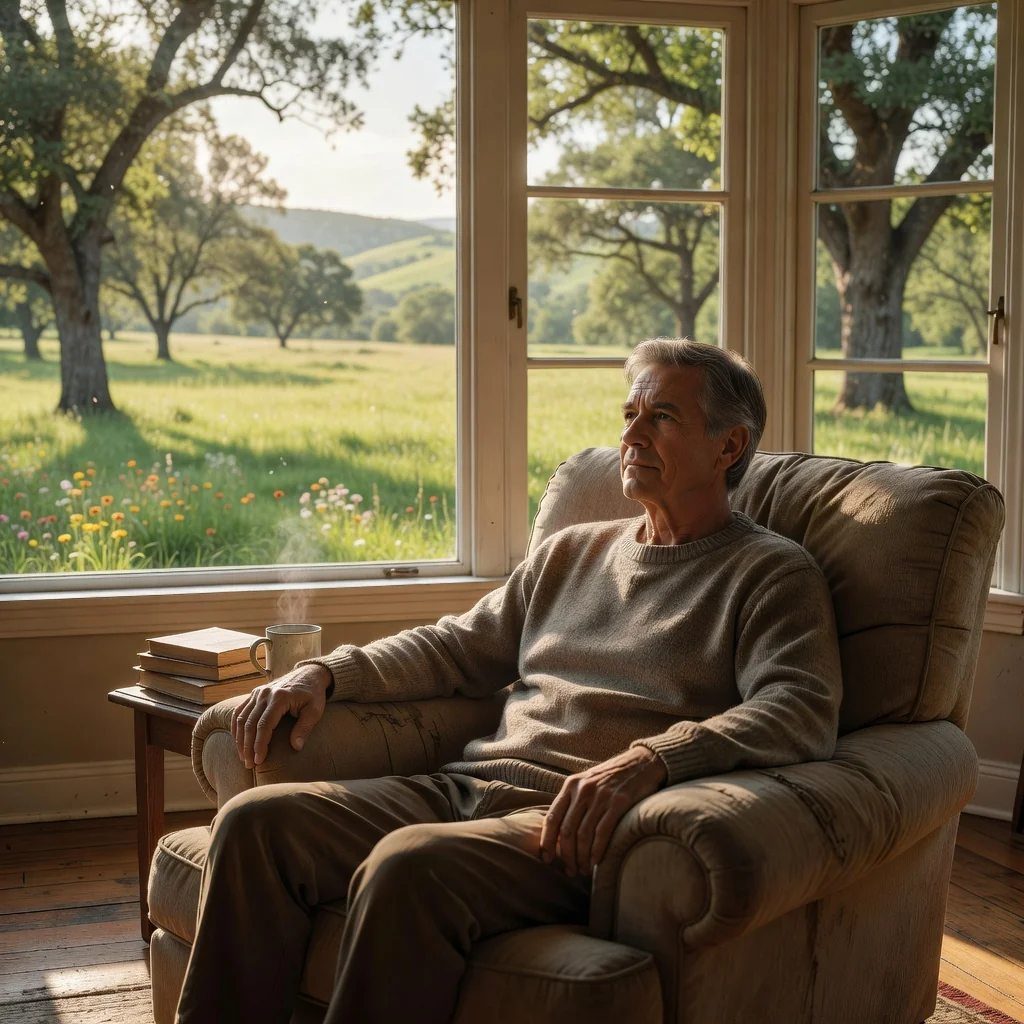 A serene photorealistic image of an elderly adult person in a peaceful home setting, looking thoughtfully out a window at a calm garden, symbolizing reflection on life choices and end-of-life wishes, evoking dignity and tranquility without any legal documents visible.