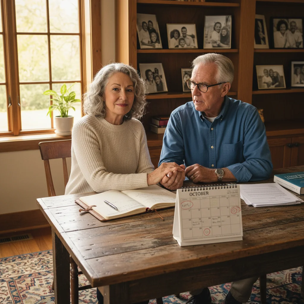 A photorealistic image of an elderly adult couple in their 60s, sitting together at a wooden table in a cozy home office, thoughtfully discussing and planning their future with a calendar and family photos in the background, symbolizing the preparation of a living will to ensure their wishes are respected and family harmony is preserved, no children present, warm and reassuring atmosphere.