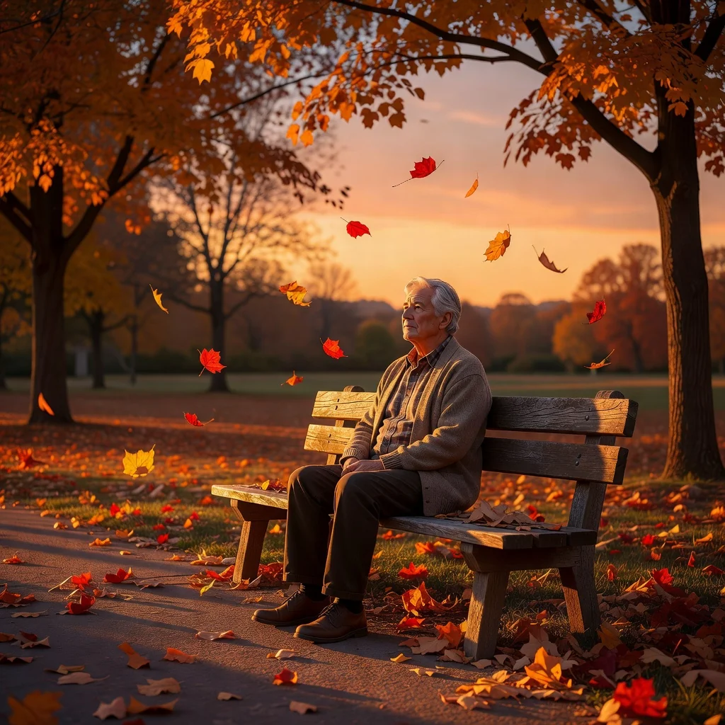 A photorealistic image symbolizing end-of-life planning and legacy, featuring a serene elderly adult in their 60s sitting thoughtfully on a park bench at sunset, gazing into the distance with a peaceful expression, surrounded by autumn leaves, evoking themes of reflection, family legacy, and personal choices without any focus on documents or children.