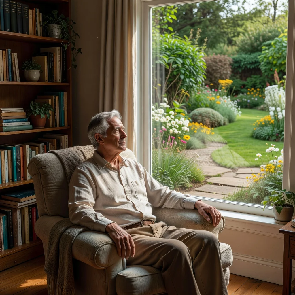 A photorealistic image representing the purpose of advance directives, showing a thoughtful senior adult in a peaceful home setting, contemplating life choices with a subtle expression of care and foresight, no documents visible, no children present.