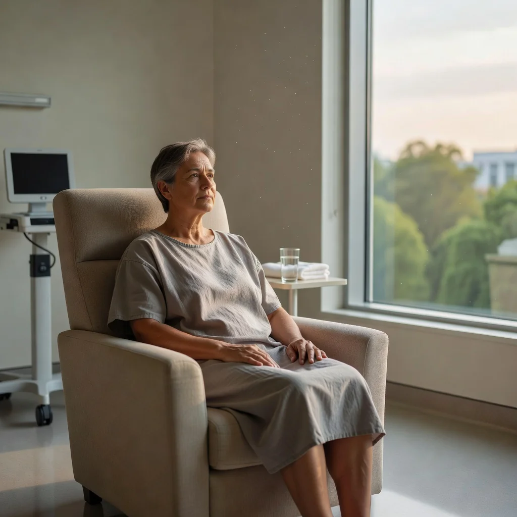 A photorealistic image of a thoughtful middle-aged adult patient in a hospital setting, looking contemplatively at a window with soft natural light, symbolizing reflection on end-of-life wishes and patient autonomy, conveying a sense of peace and empowerment without showing any documents or children.