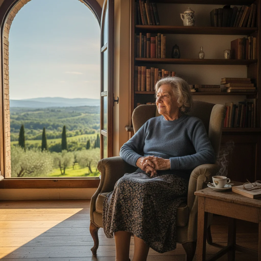 A photorealistic image depicting a serene elderly Italian woman in her 70s, sitting thoughtfully in a cozy home office in Italy, gazing out a window at a beautiful Mediterranean landscape, symbolizing contemplation and planning for end-of-life wishes, with warm natural light and subtle Italian elements like a vase of flowers or a map of Italy in the background, evoking peace and personal autonomy without any medical or document elements.