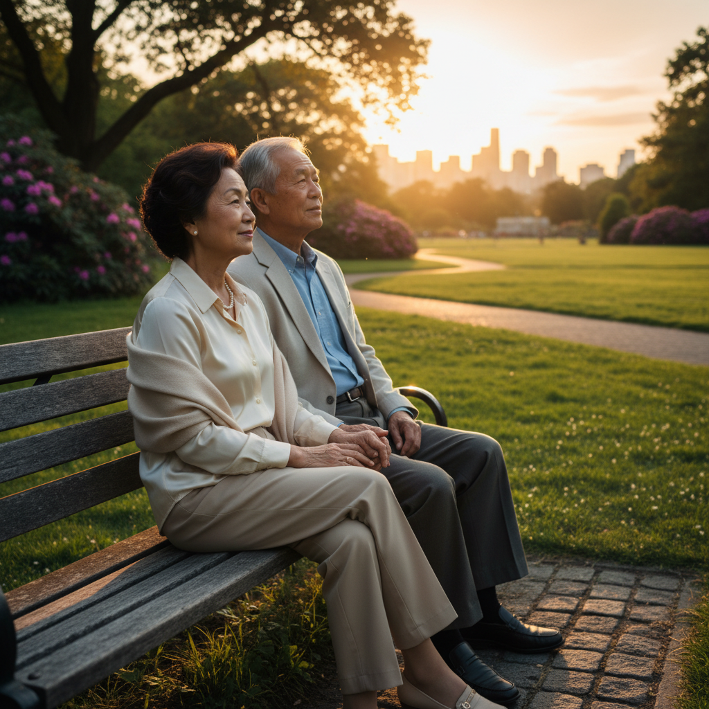 A photorealistic image of a mature elderly couple in their 70s, sitting together in a peaceful park, holding hands and looking thoughtfully into the distance, symbolizing legacy planning and the importance of preparing for the future in old age. No children are present. The scene conveys serenity, love, and foresight without showing any legal documents.