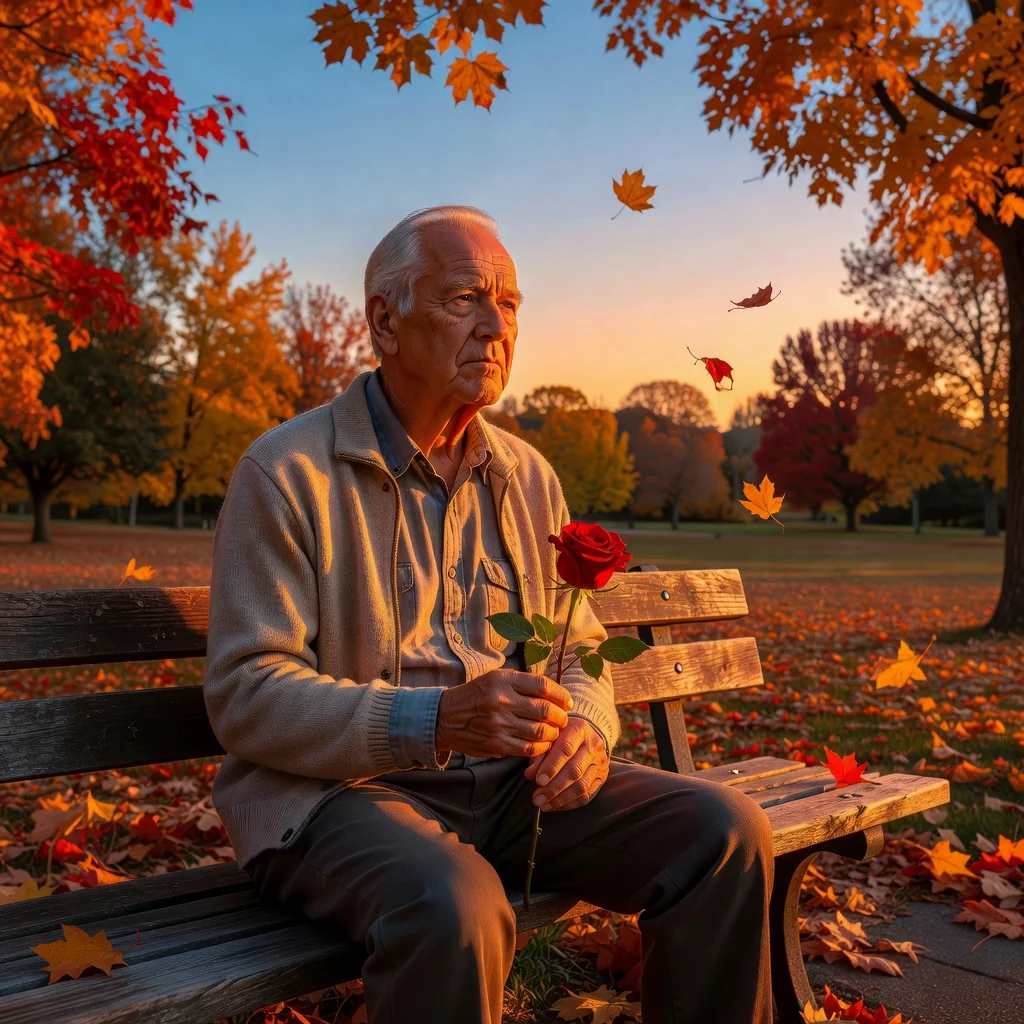 A photorealistic image symbolizing end-of-life planning and legacy, featuring an elderly adult in their 70s sitting thoughtfully on a park bench at sunset, gazing into the distance with a serene expression, holding a single red rose as a symbol of life and remembrance. The background shows a peaceful autumn landscape with falling leaves, evoking themes of preparation for the future without any focus on documents. No children are present in the image.