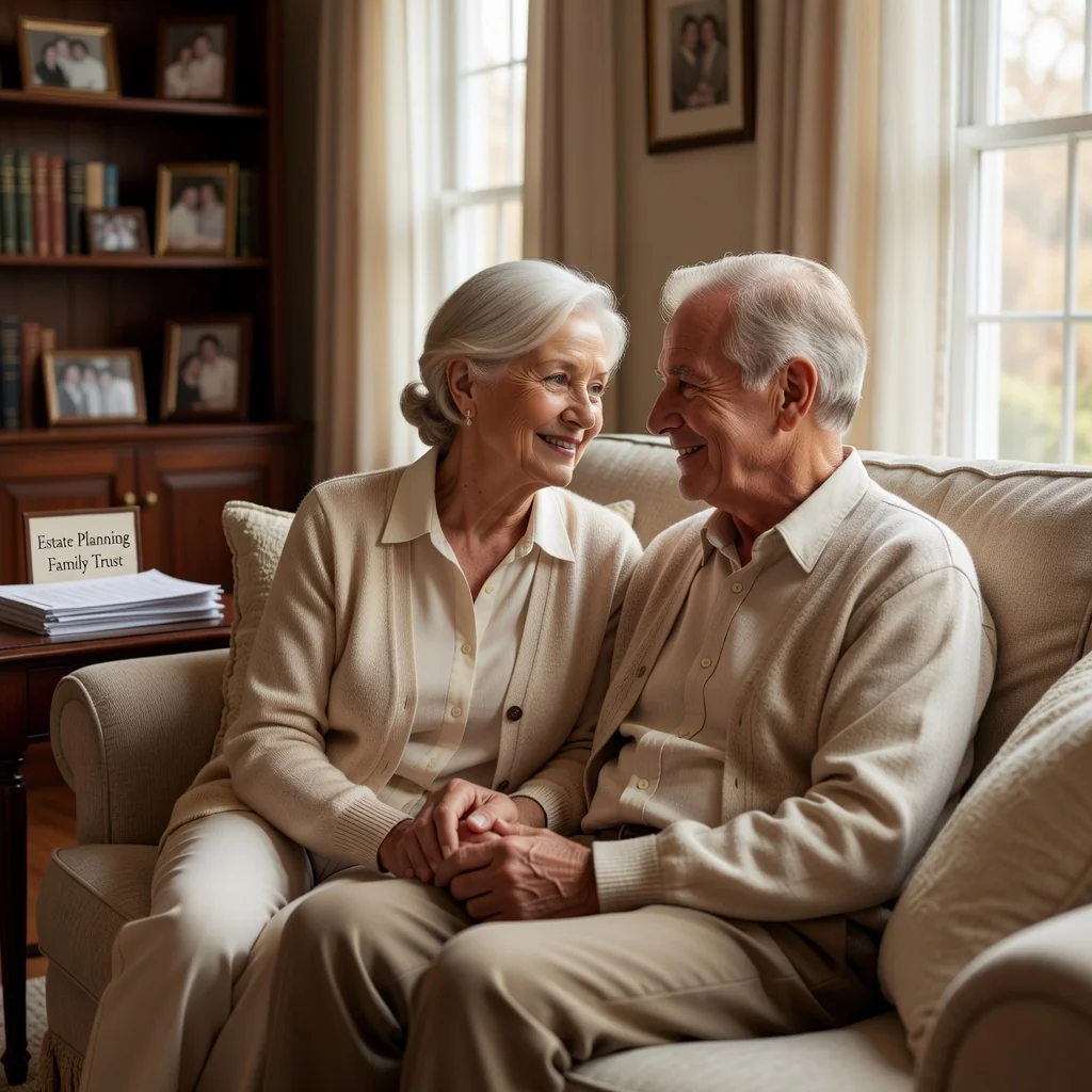 A serene photorealistic image of an elderly adult couple in a peaceful home setting, sitting together and holding hands, symbolizing love, legacy, and end-of-life planning without focusing on documents. No children are present.