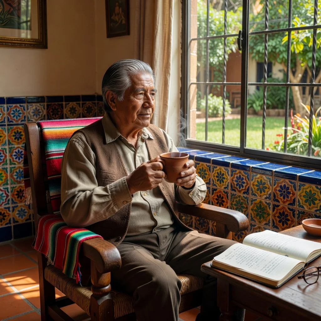 A photorealistic image representing the purpose of a living will in Mexican law, showing a serene elderly adult in a peaceful home setting, perhaps reflecting on life choices with a sense of calm and security, symbolizing advance healthcare directives and end-of-life planning.