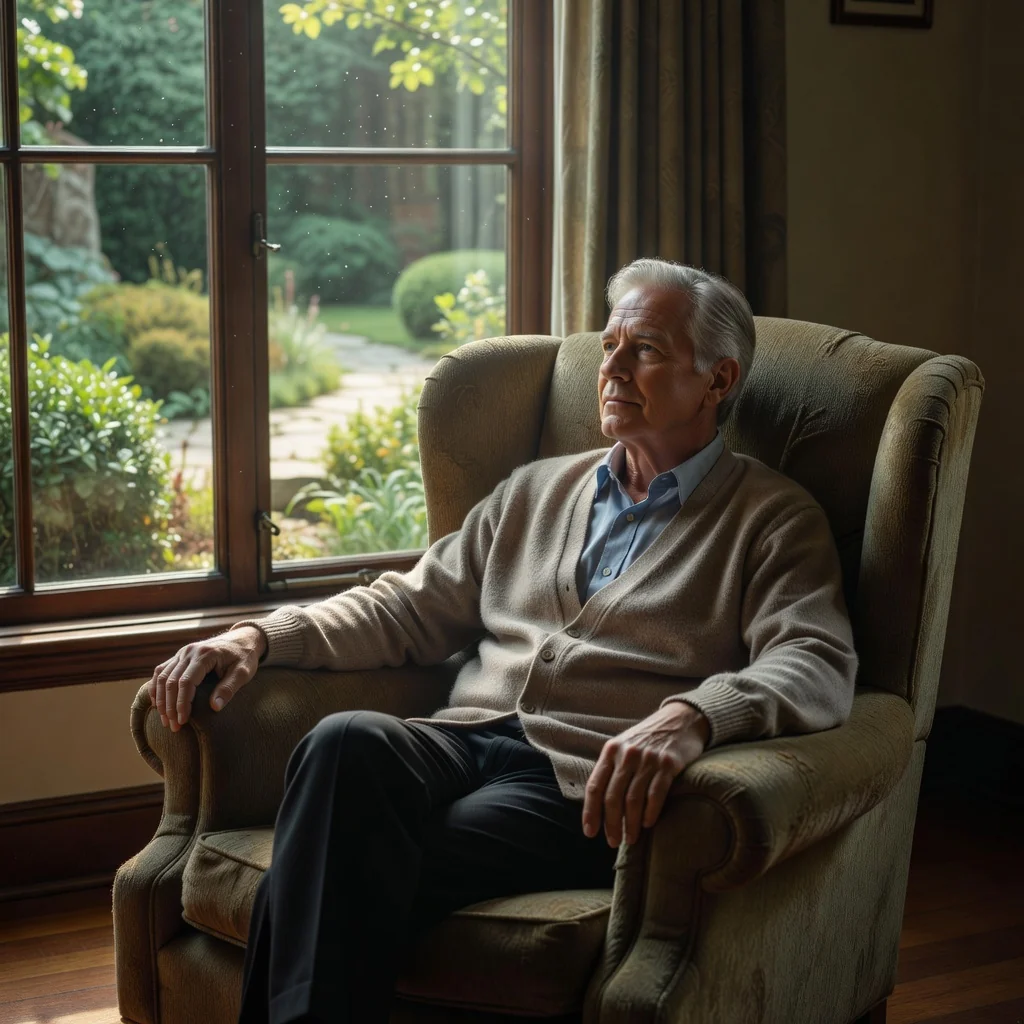 A photorealistic image of an elderly adult person in a contemplative pose, sitting by a window overlooking a serene garden, symbolizing thoughtful planning for future medical decisions and personal autonomy in end-of-life care. The scene conveys peace, reflection, and empowerment without any medical equipment or documents visible.
