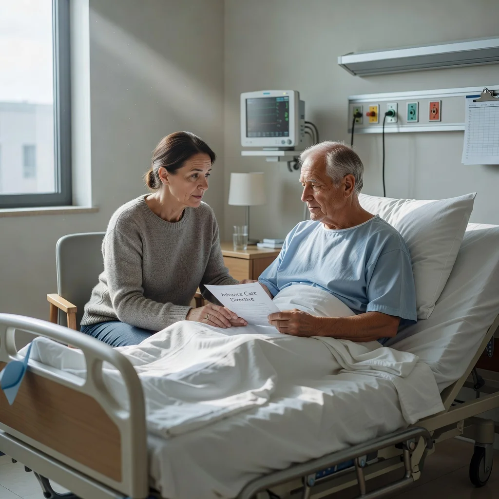 A photorealistic image of a compassionate elderly adult in a hospital room, holding hands with a family member, symbolizing care, planning, and peace of mind through advance medical directives.
