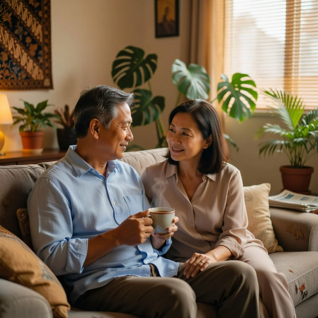 A serene photorealistic image of a middle-aged adult couple in a peaceful home setting, sitting together and thoughtfully discussing end-of-life wishes, symbolizing the purpose of an advance medical directive in planning for future healthcare decisions. The focus is on emotional connection and preparation, with no legal documents visible.