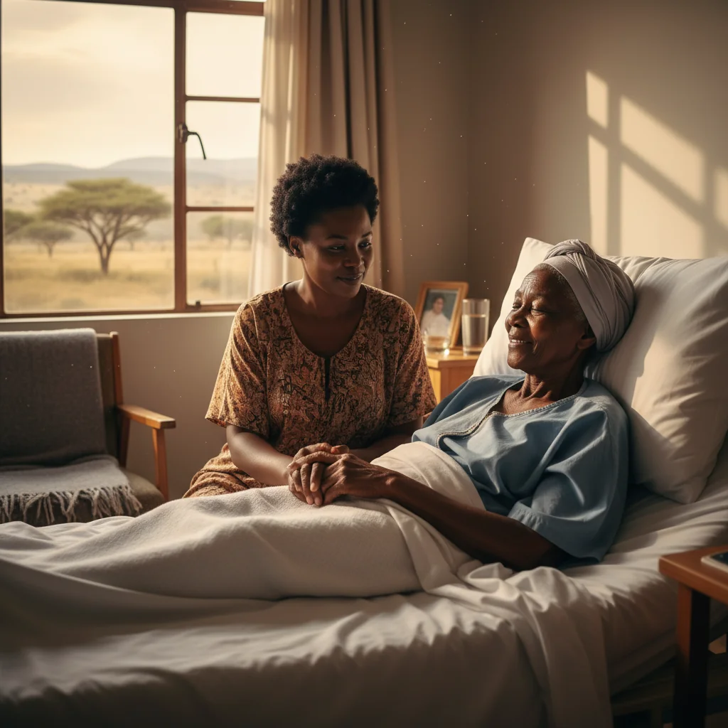 A serene, photorealistic image of an elderly adult in a hospital bed, holding the hand of a family member, with soft natural light filtering through a window, symbolizing dignity, choice, and compassionate end-of-life care in a South African context, evoking themes of advance directives without showing any documents.