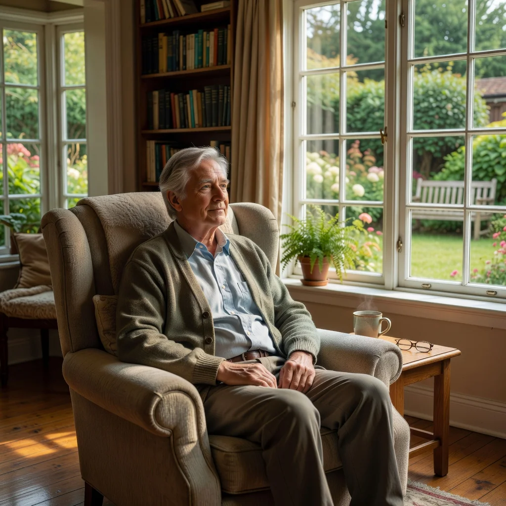 A serene photorealistic image symbolizing end-of-life planning and peace of mind, featuring an elderly adult in their 60s sitting calmly in a sunlit room, gazing thoughtfully out a window at a peaceful garden landscape, evoking dignity, reflection, and the assurance of personal wishes being honored. No children or young people are present. The atmosphere is warm and reassuring, highlighting themes of legacy and care without any focus on medical distress or documents.