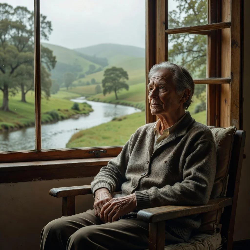A serene photorealistic image of an elderly adult in thoughtful contemplation, sitting by a window overlooking a peaceful garden, symbolizing end-of-life planning and personal autonomy without focusing on any documents.