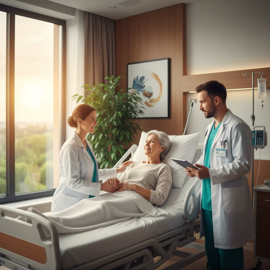 A photorealistic image of a serene elderly adult woman in her 60s, lying peacefully in a modern hospital bed with soft natural light filtering through a window, surrounded by caring medical professionals in scrubs who are attentively checking her comfort, symbolizing advance care planning and personal autonomy in healthcare decisions for the elderly, no children present, highly detailed and realistic photography style.