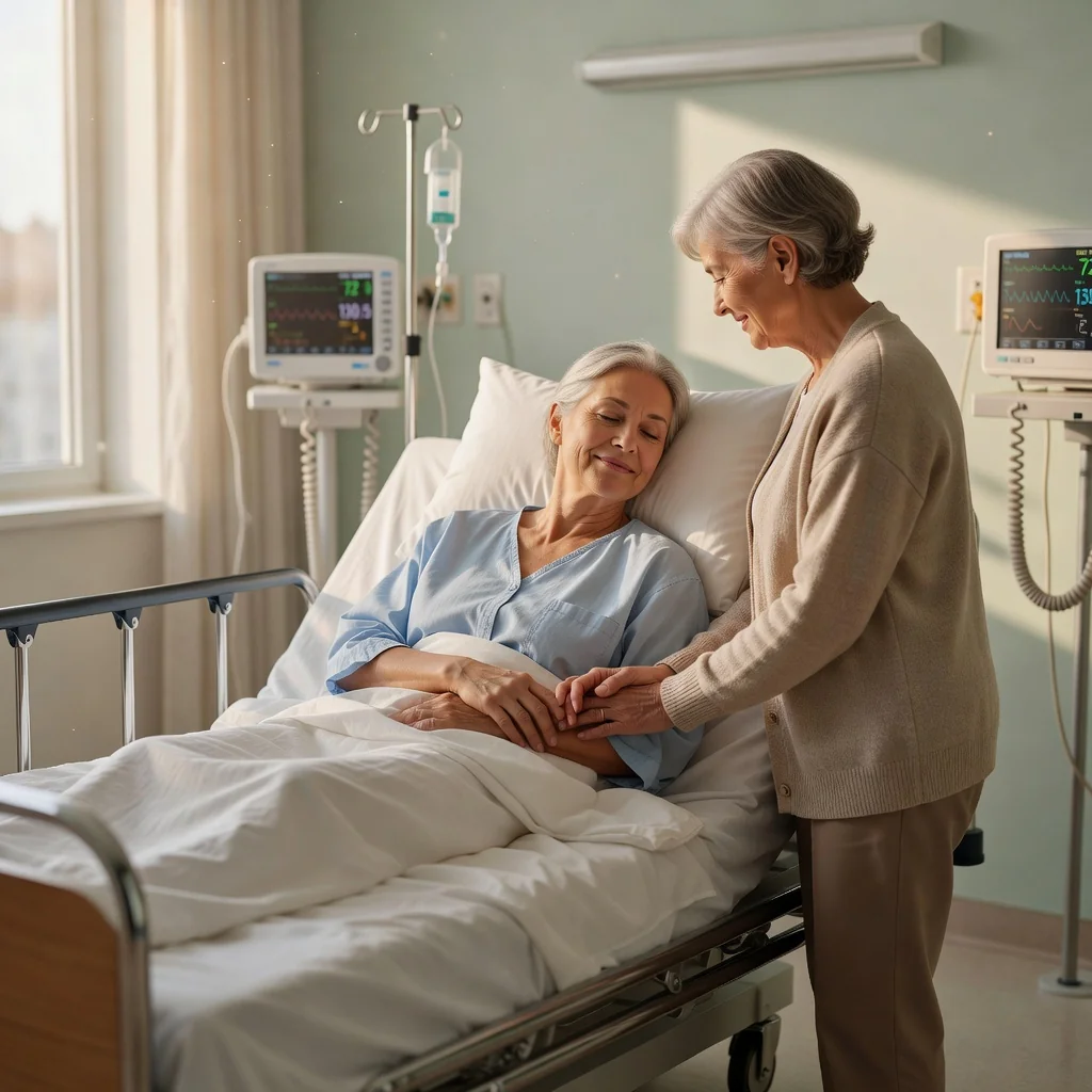 A photorealistic image depicting a compassionate scene of a middle-aged adult patient in a hospital bed, holding hands with a concerned adult family member at the bedside, symbolizing care, end-of-life planning, and the emotional importance of patient directives, with soft natural light filtering through a window, no children present, highly detailed and realistic photography style.