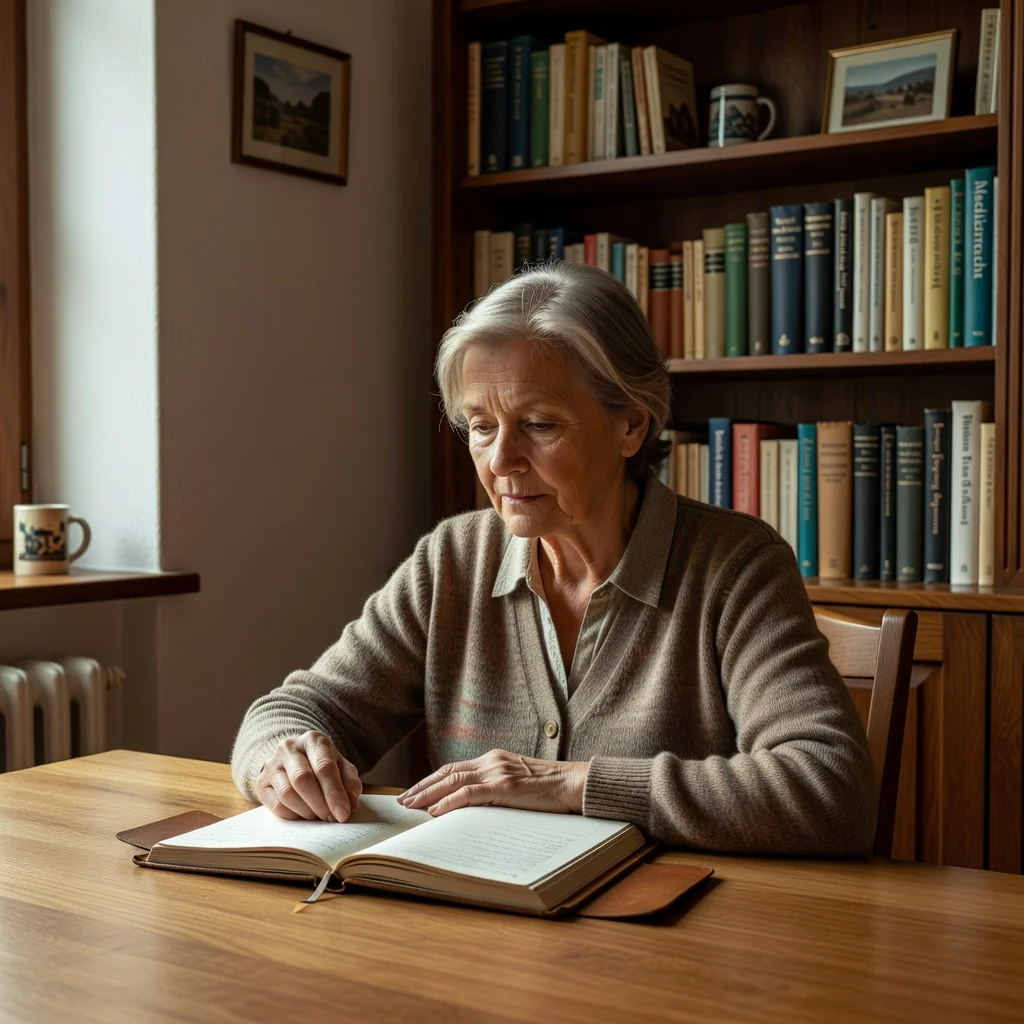 A serene photorealistic image of an elderly adult woman in a peaceful home setting, thoughtfully reviewing her personal healthcare wishes with a sense of calm and empowerment, symbolizing the purpose of a Patientenverfügung in Germany. No children are present. The focus is on the emotional aspect of advance healthcare directives, with warm natural lighting.
