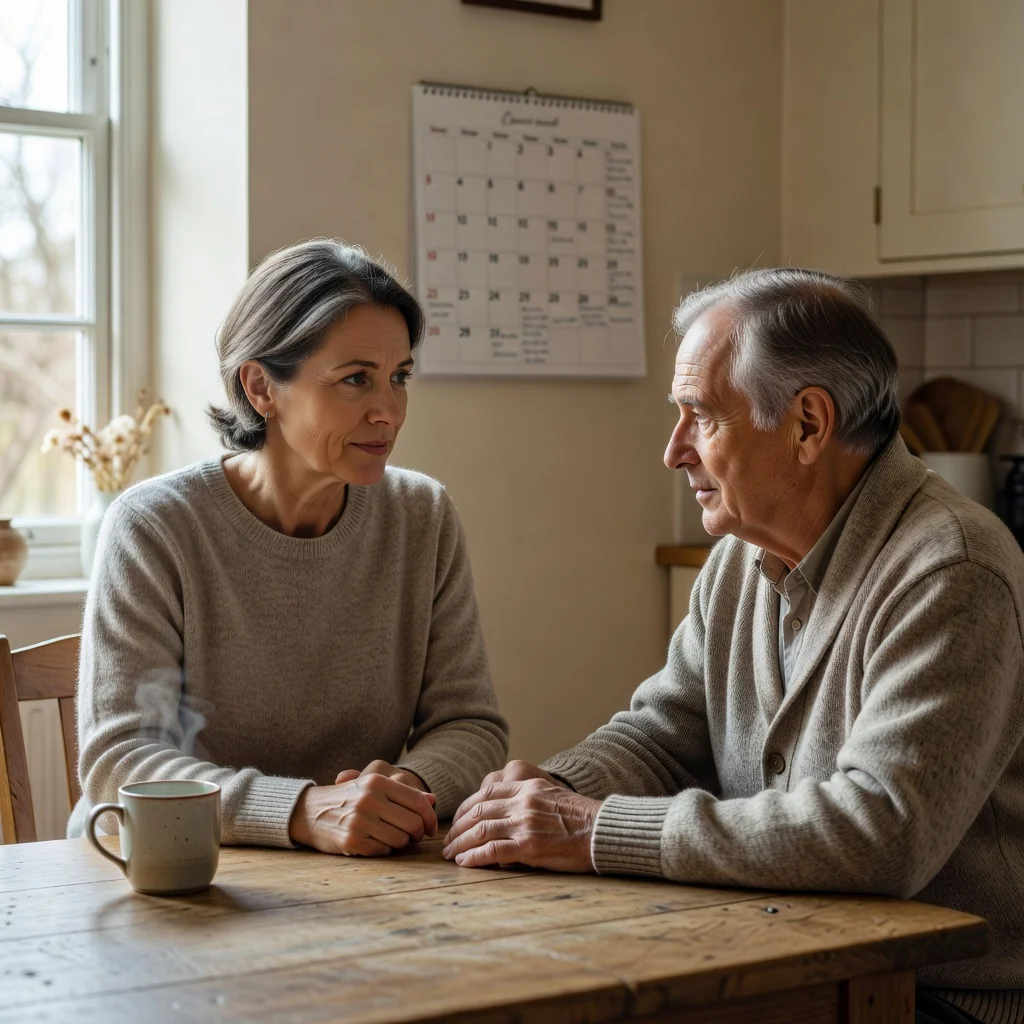 A photorealistic image symbolizing the purpose of an Advance Decision legal document in the UK, which involves planning future medical care and end-of-life wishes. The scene depicts an elderly adult in a serene home setting, thoughtfully discussing healthcare options with a trusted family member or advisor, conveying themes of empowerment, foresight, and personal autonomy in medical decisions. No children are present. The image is warm and reassuring, with natural lighting.
