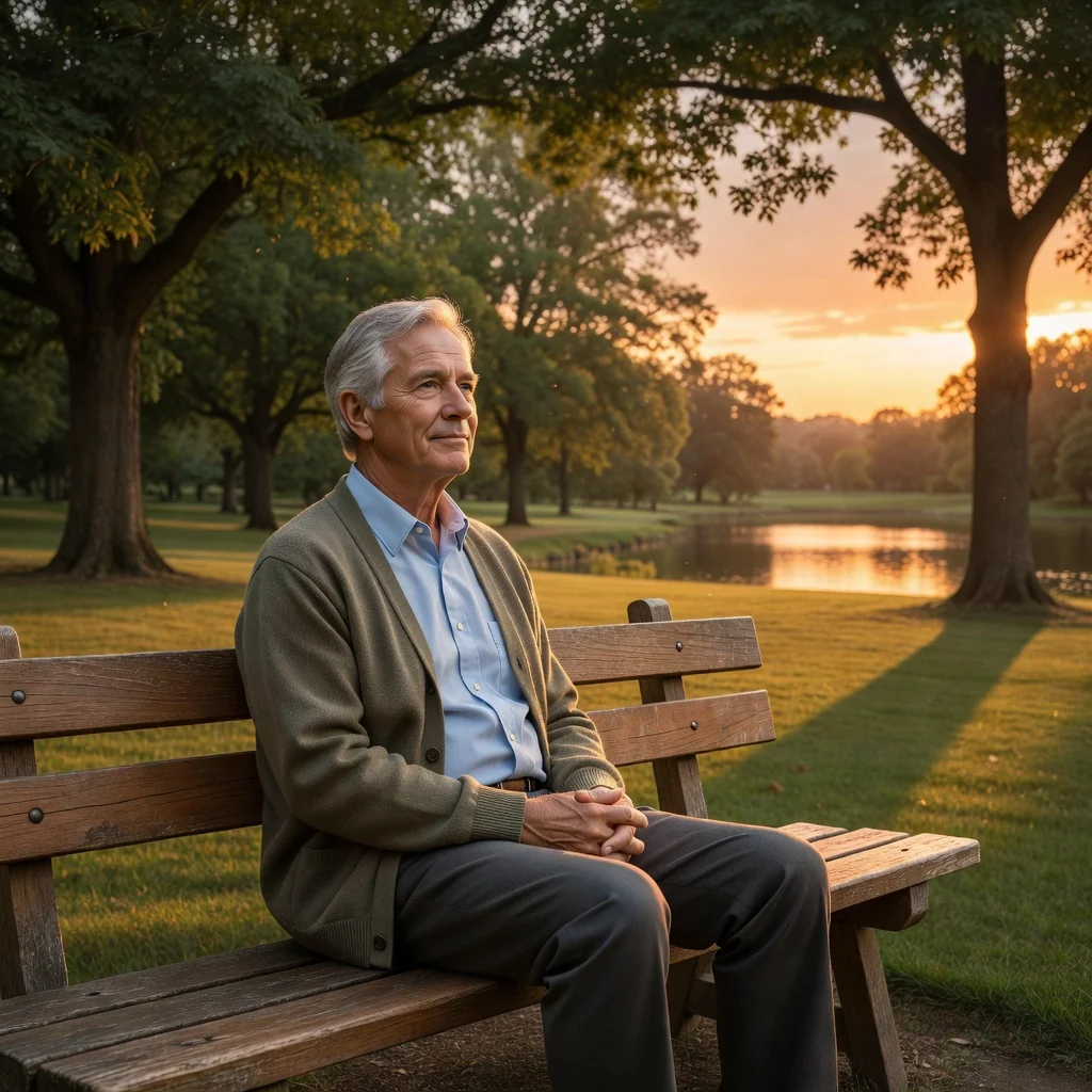 A serene photorealistic image of an elderly adult in their 60s, sitting peacefully on a park bench at sunset, gazing thoughtfully into the distance with a gentle smile, symbolizing end-of-life planning and legacy, with soft warm lighting and natural surroundings, no documents or text visible, no children present.