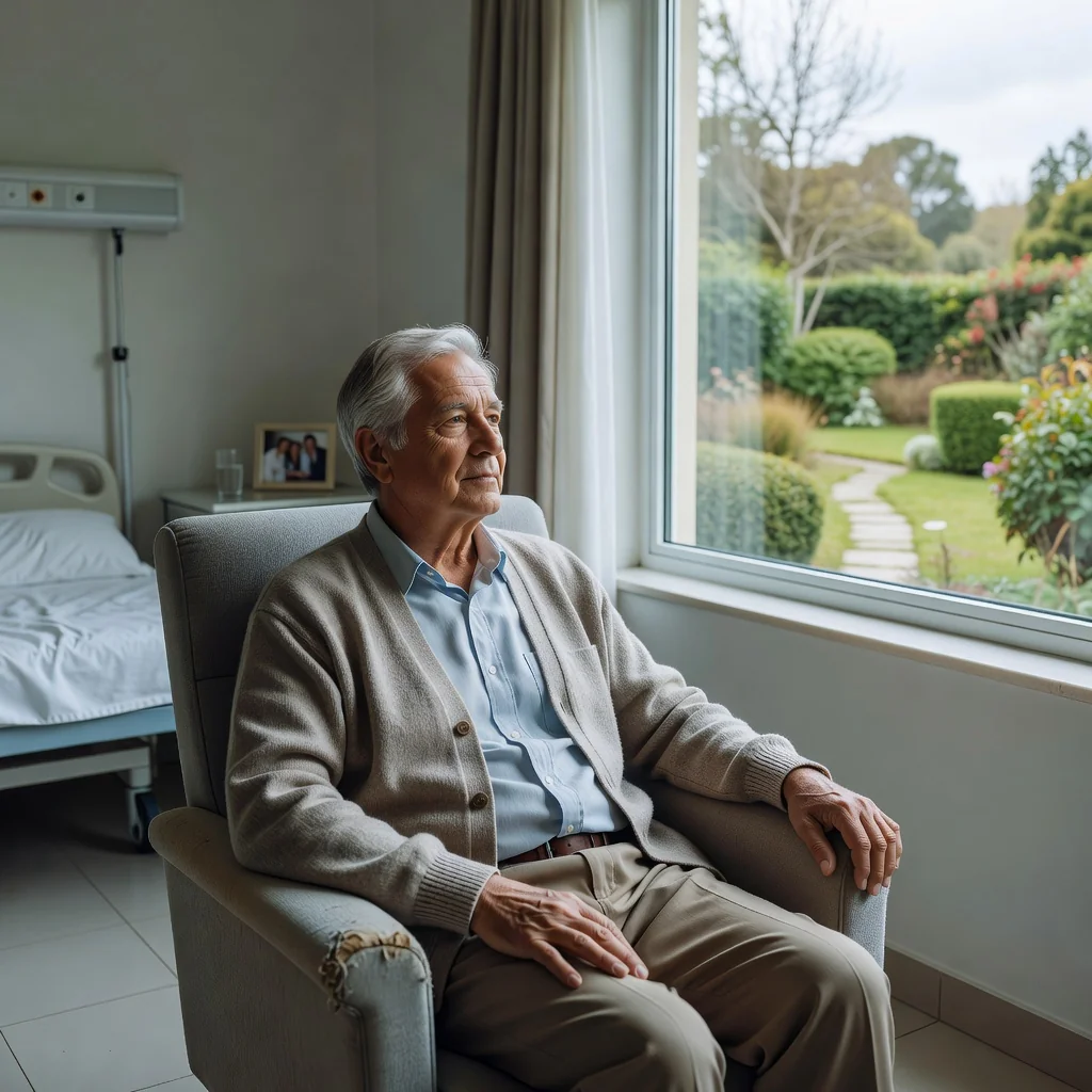 A serene photorealistic image of an elderly adult in a peaceful hospital room, gazing thoughtfully out a window with a gentle smile, symbolizing dignity and personal choice in end-of-life care, no children present.