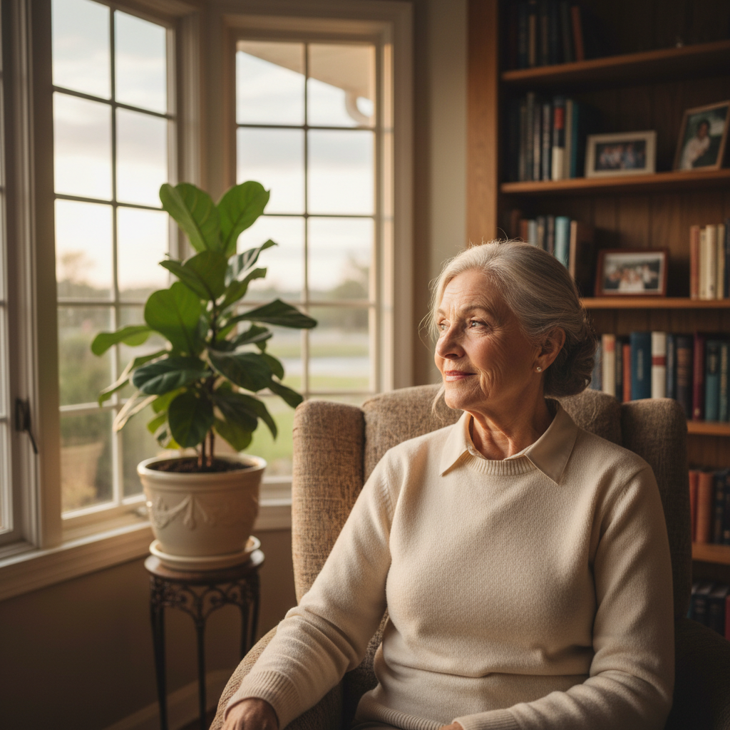 A photorealistic image of a serene elderly adult in their 60s, sitting thoughtfully by a window in a cozy home office, gazing contemplatively into the distance with a sense of peace and reflection, symbolizing planning for future healthcare wishes without any documents visible. The scene conveys dignity, autonomy, and end-of-life preparation for adults only, with warm natural lighting and realistic details.