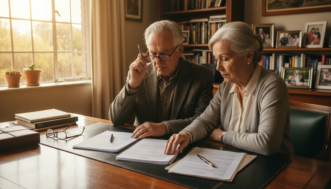 Elderly couple reviewing legal documents