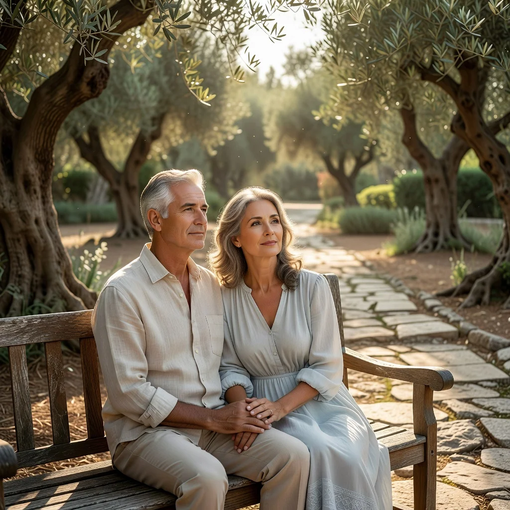 A serene photorealistic image of an elderly adult couple in a peaceful Spanish garden, symbolizing end-of-life wishes and living wills, with olive trees and warm sunlight, evoking dignity and tranquility in planning for the future.