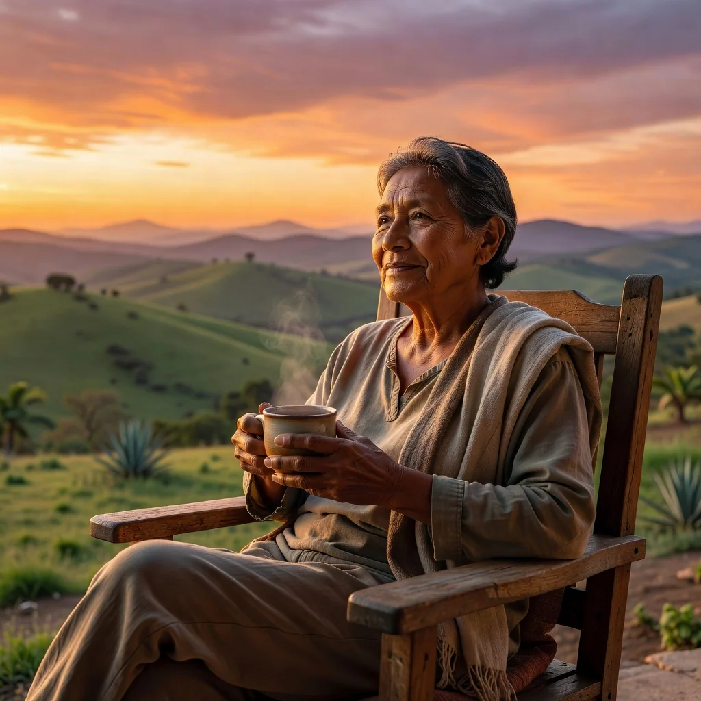 A serene photorealistic image of an elderly Mexican adult in their 60s, sitting peacefully on a balcony overlooking a vibrant Mexican landscape at sunset, holding a cup of tea, symbolizing calm reflection on end-of-life wishes and legacy, no legal documents visible, no children present.