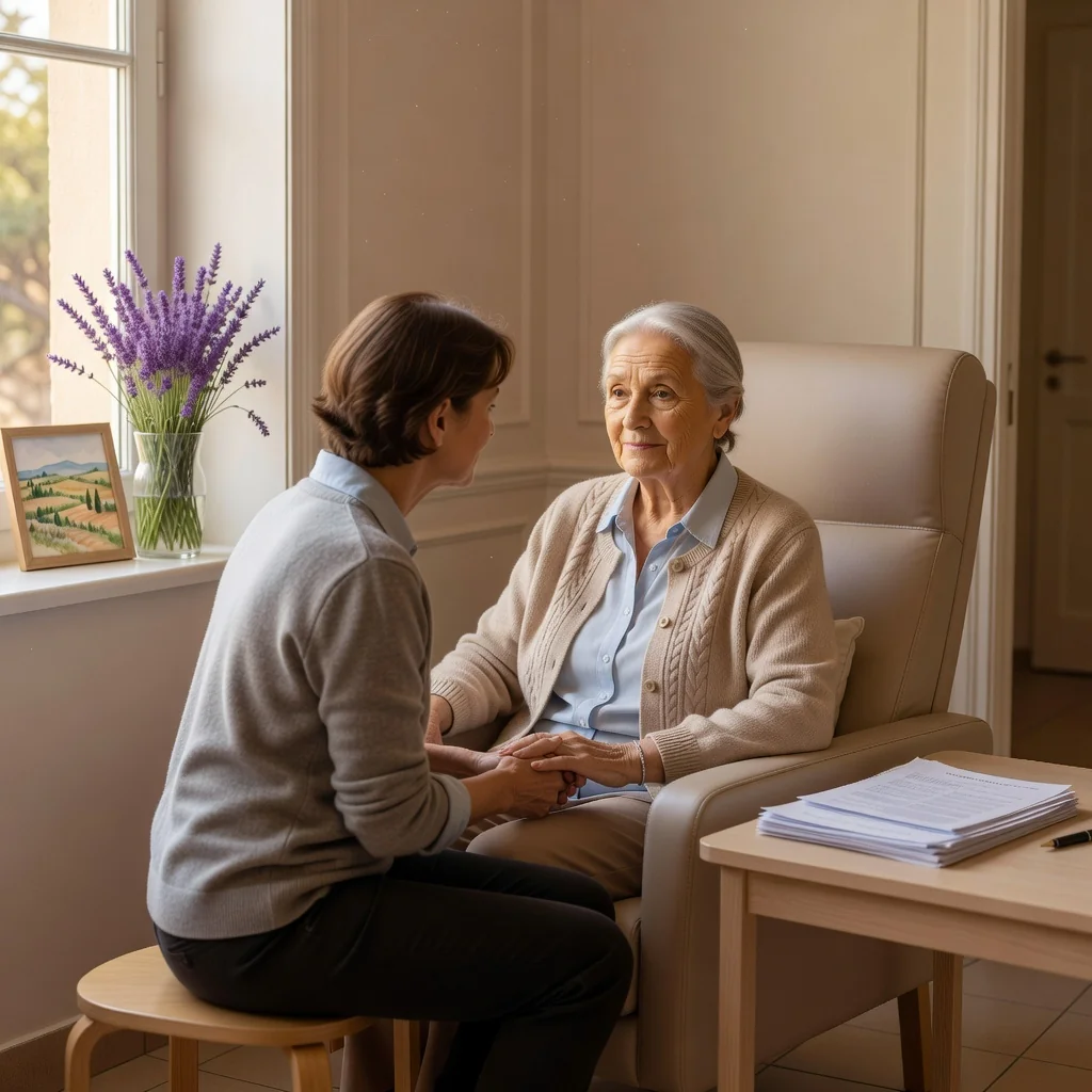 A serene photorealistic image of an elderly adult woman in a peaceful hospital room in France, sitting by a window with soft natural light, holding the hand of a caring adult family member, symbolizing advance care planning and end-of-life wishes, evoking trust and preparation without showing any legal documents.