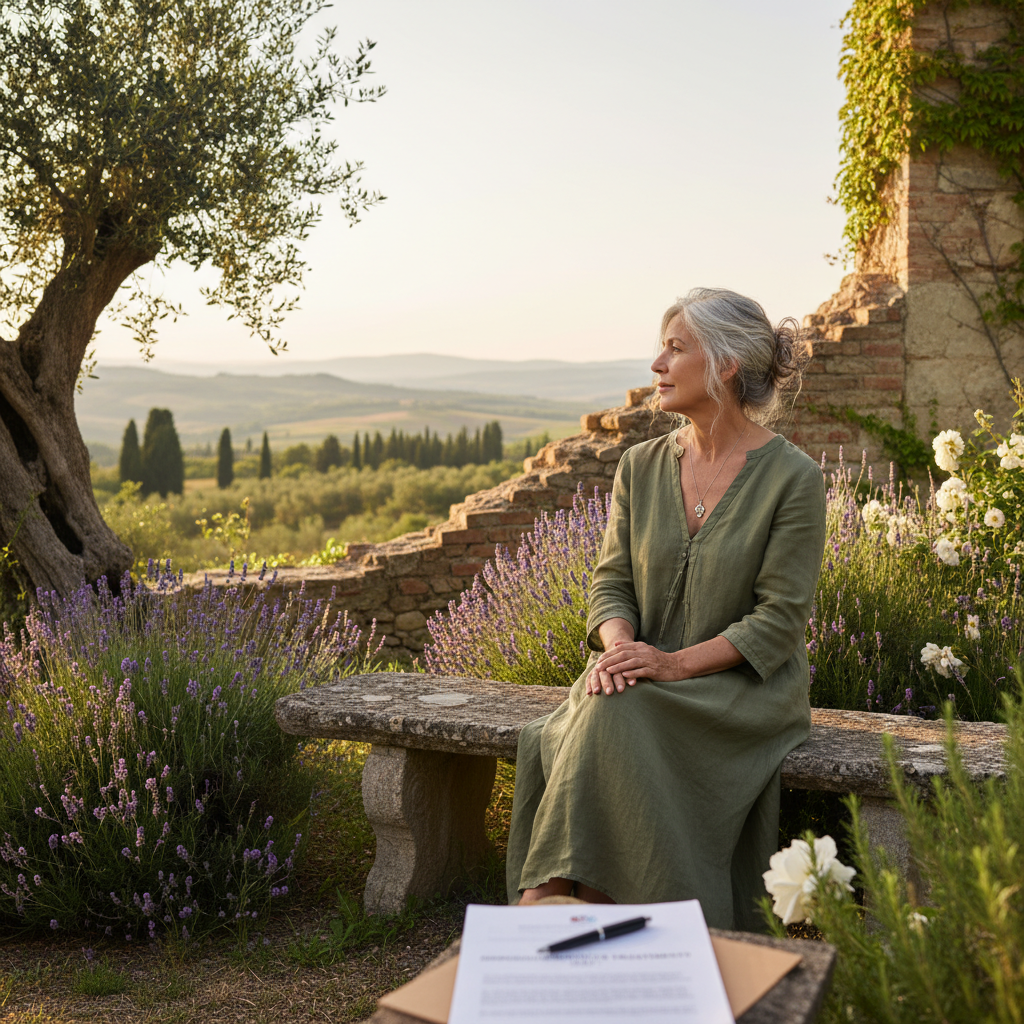 A photorealistic image of a serene elderly Italian woman in a peaceful garden setting in Italy, thoughtfully reflecting on life choices, symbolizing advance care planning and personal autonomy in medical decisions, with warm sunlight and Italian landscape in the background, no children present.