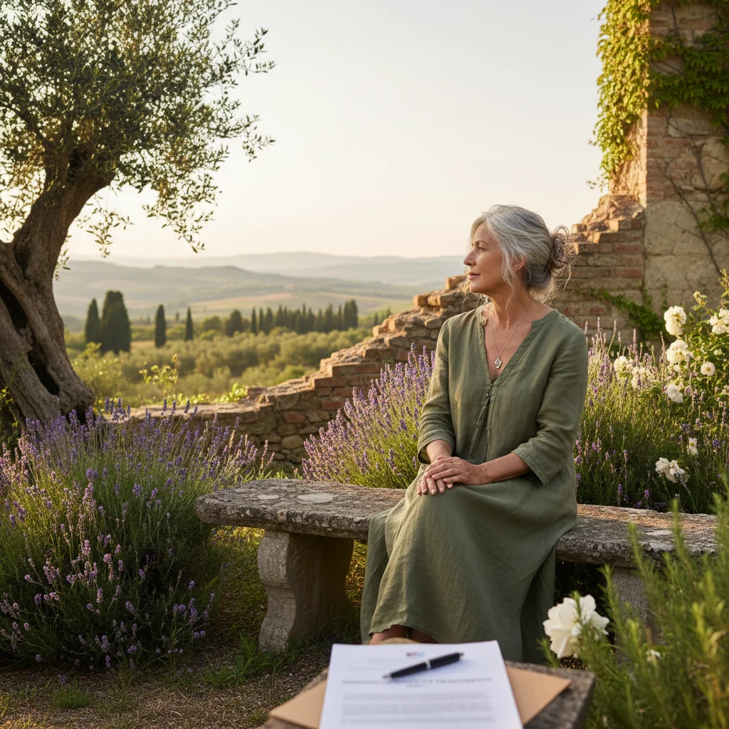 A photorealistic image of a serene elderly Italian woman in a peaceful garden setting in Italy, thoughtfully reflecting on life choices, symbolizing advance care planning and personal autonomy in medical decisions, with warm sunlight and Italian landscape in the background, no children present.