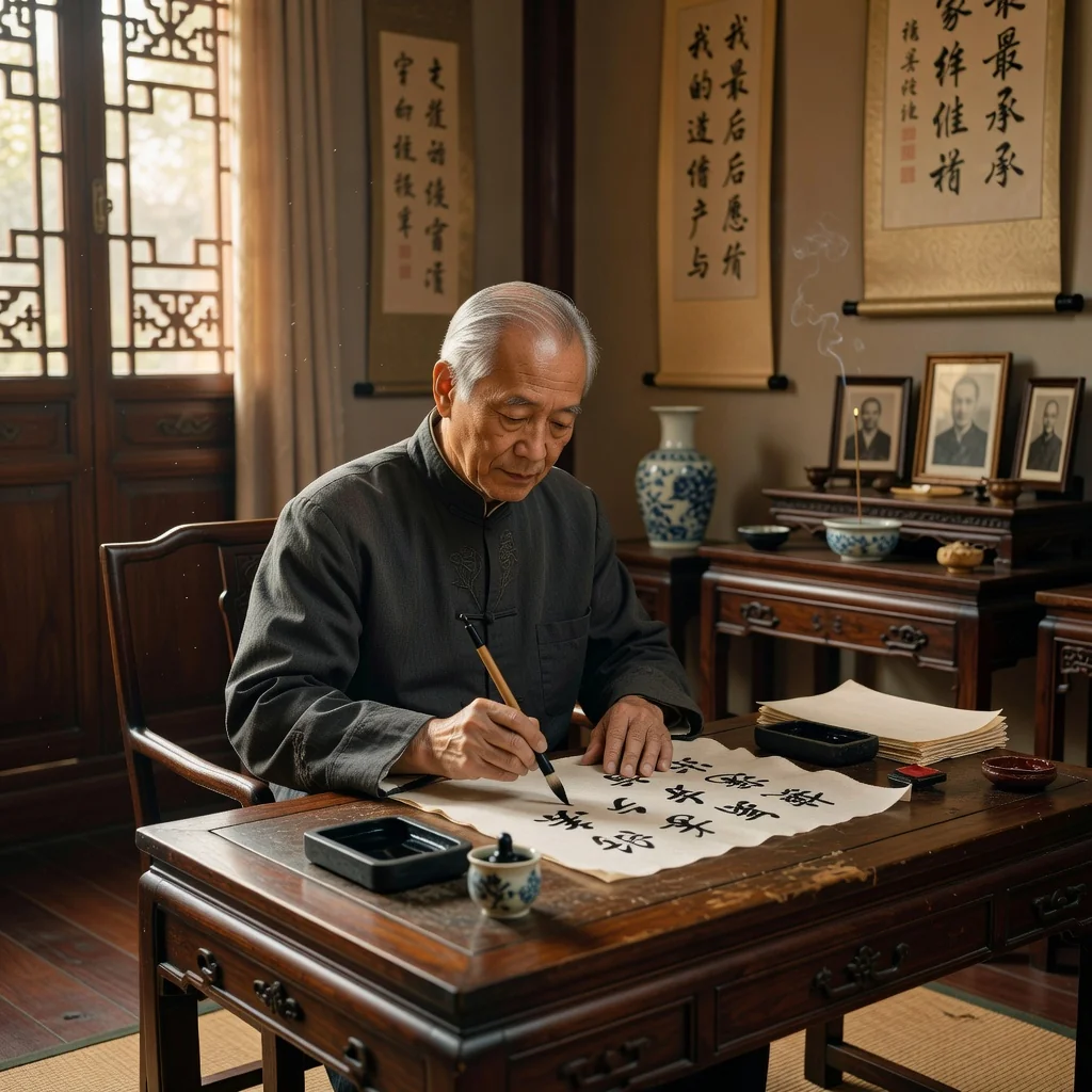A photorealistic image of an elderly Chinese man in a serene traditional Chinese home, thoughtfully writing his last will and testament at a wooden desk with an ink brush, surrounded by family heirlooms like a jade vase and silk scroll, symbolizing the purpose of planning one's legacy and end-of-life wishes in China. No children are present in the image.