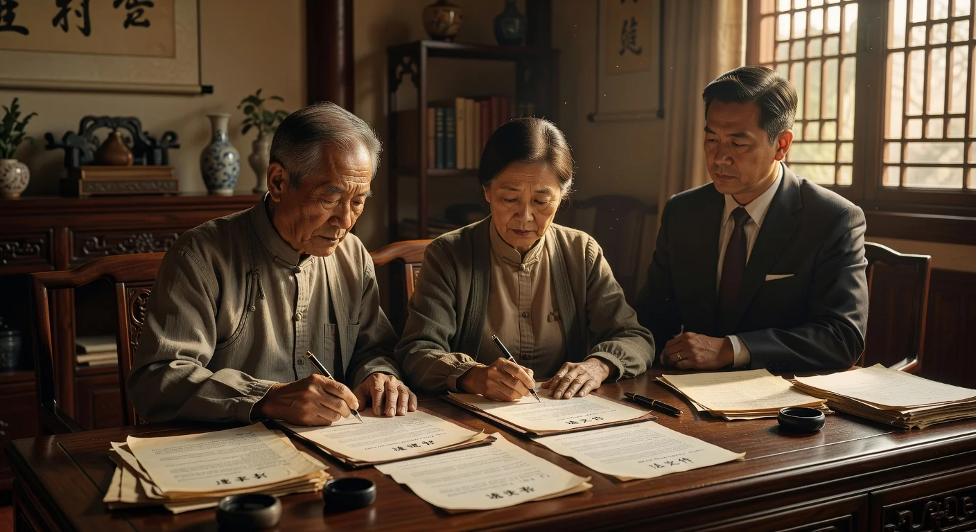 Elderly couple signing will document