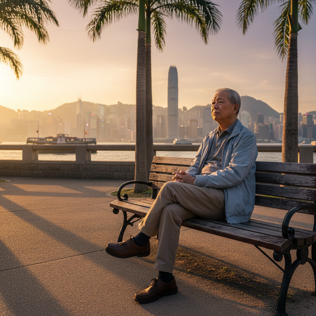 A serene photorealistic image of an elderly Asian man in his 60s, sitting thoughtfully on a park bench in Hong Kong, overlooking Victoria Harbour at sunset, symbolizing planning for the future and legacy, with no legal documents visible, no children present.