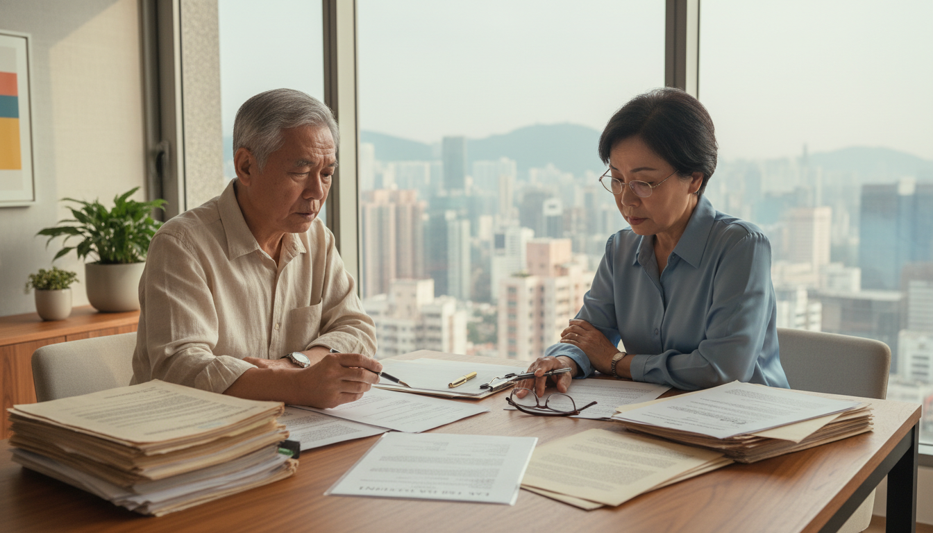 Elderly couple reviewing legal papers