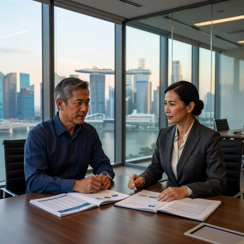 A photorealistic image of an elderly adult person in a professional setting, consulting with a trusted lawyer or financial advisor about estate planning, symbolizing the use of power of attorney for personal and financial decisions in Singapore.