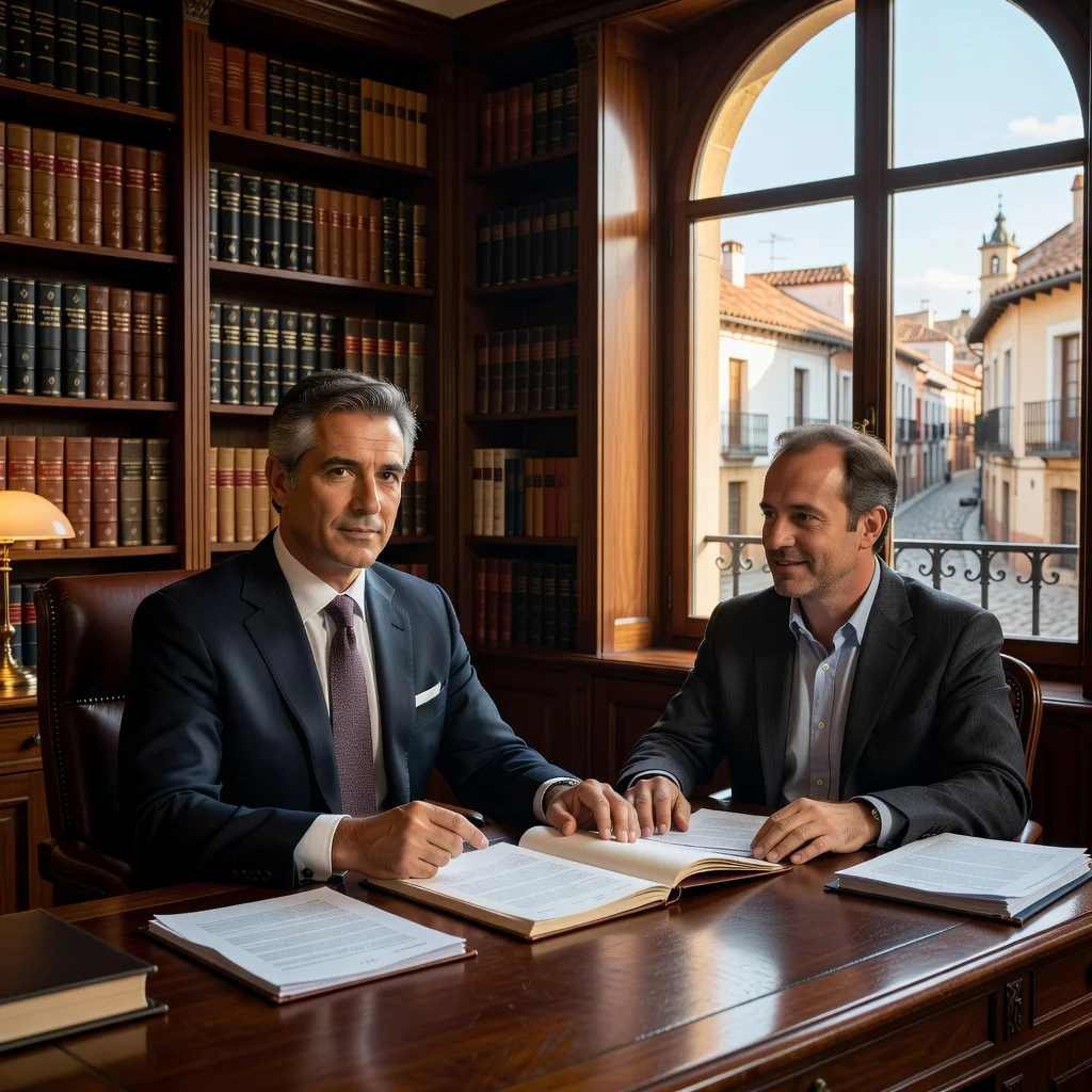 A photorealistic image depicting a professional adult lawyer in a modern Spanish office, consulting with an adult client about power of attorney matters, conveying trust and legal empowerment, with subtle Spanish elements like a flag or architecture in the background. No children present.