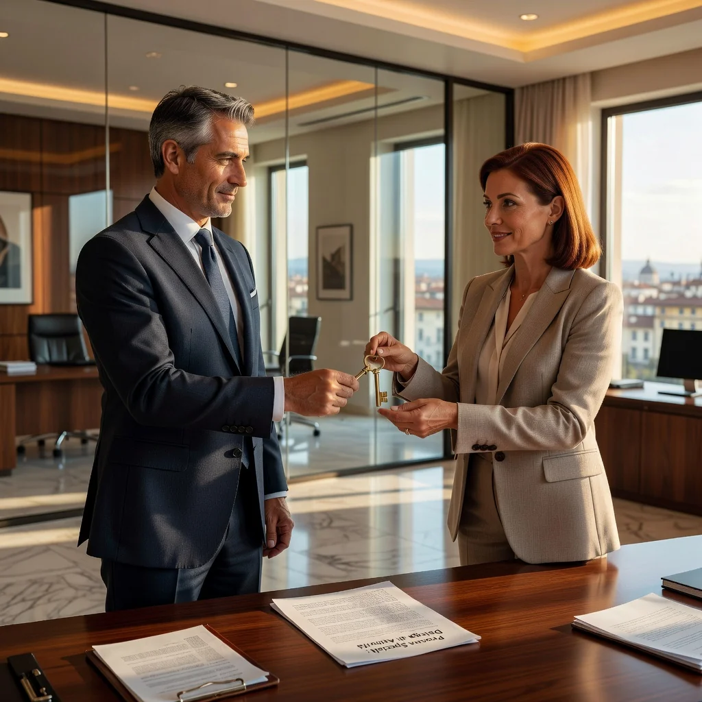 A photorealistic hero image representing the concept of power of attorney in Italy, showing a professional adult individual in a modern Italian office setting, perhaps handing over keys or a symbolic item to another adult, conveying trust and delegation, with subtle Italian elements like a flag or architecture in the background, no children present.