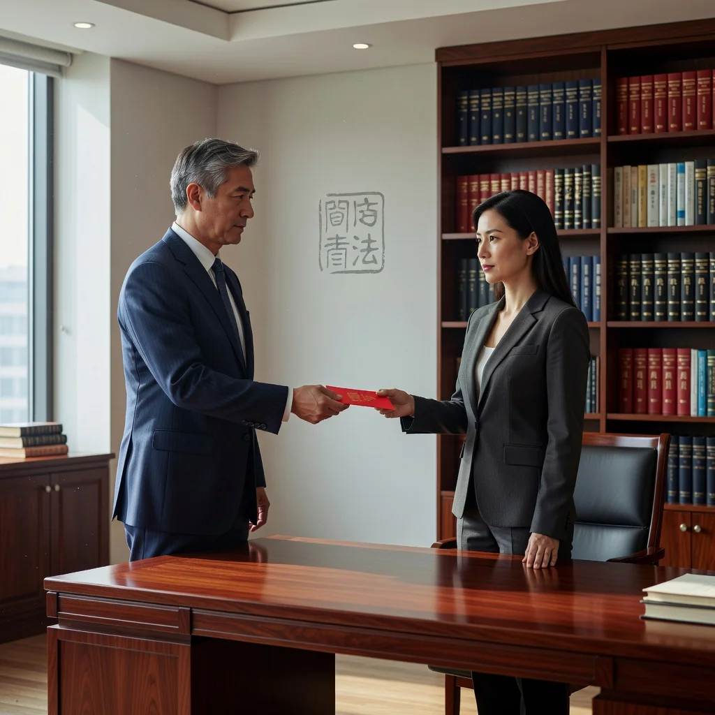 A professional scene depicting a businessperson in a modern office, handing over a sealed envelope to another professional across a desk, symbolizing the authorization and delegation process in a legal context, with a subtle Chinese cultural element like a traditional seal in the background. The image conveys trust, formality, and agreement without showing any documents or text.