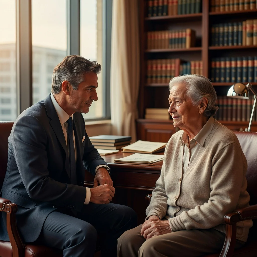 A photorealistic image depicting an elderly adult and their trusted adult child or advisor in a professional setting, such as a lawyer's office or home study, symbolizing the delegation of decision-making authority through a power of attorney, conveying trust, security, and legal empowerment without showing any legal documents.
