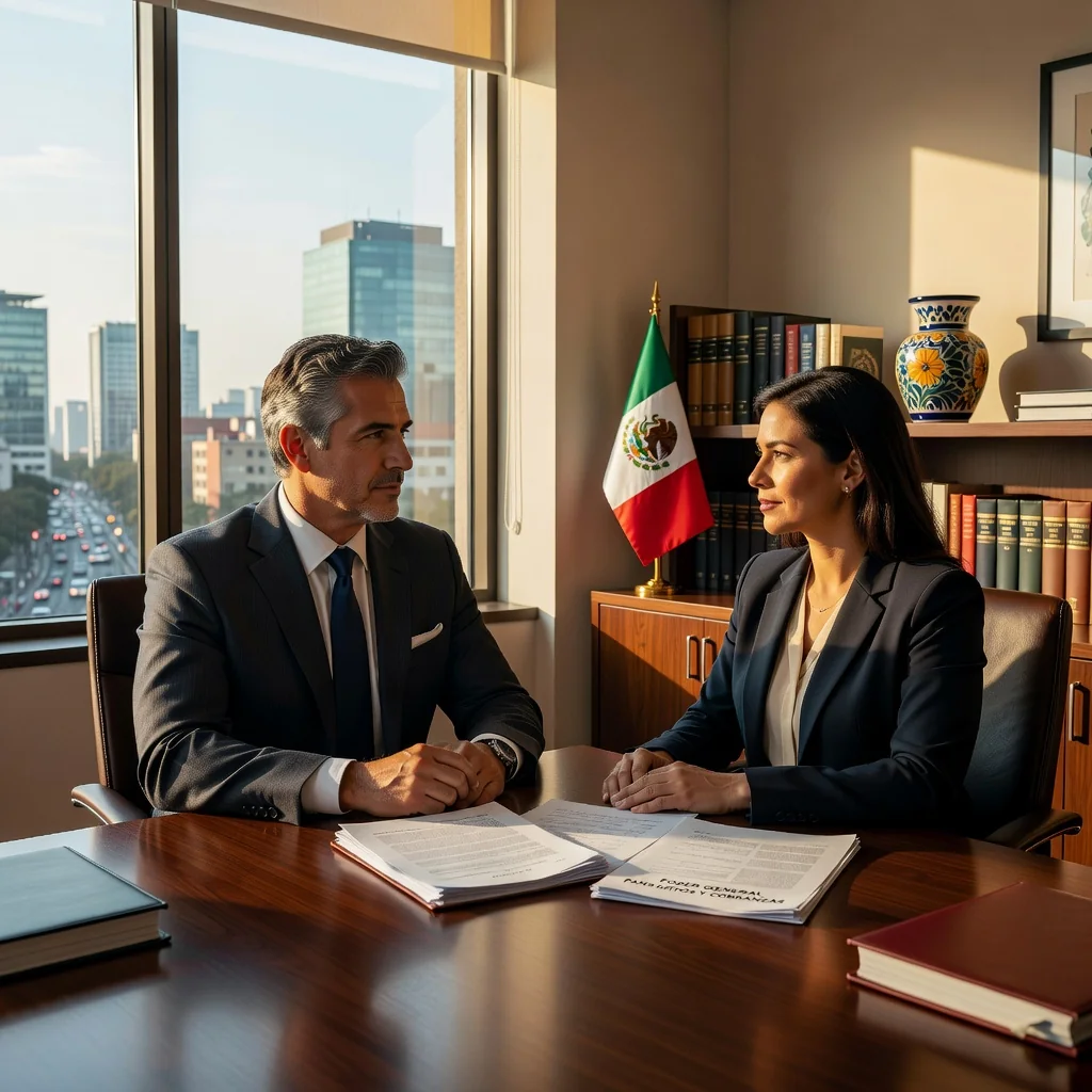 A photorealistic image representing the concept of power of attorney in Mexico, showing a professional adult Mexican lawyer or businessperson in a modern office setting, discussing or signing an agreement with a client, symbolizing trust and legal authorization, with subtle Mexican cultural elements like a flag or map in the background, no children present, no documents visible.