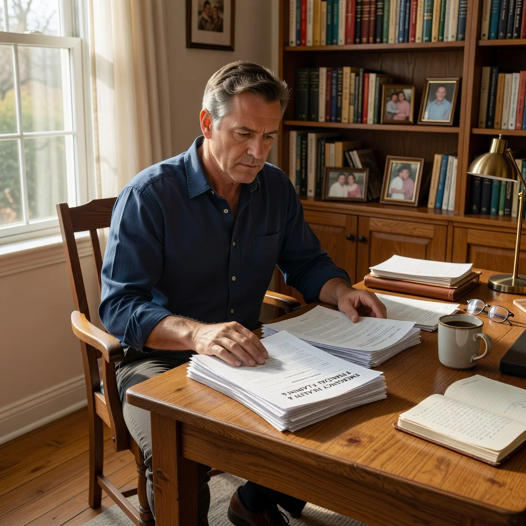 A photorealistic image depicting a middle-aged adult in a thoughtful pose, sitting at a desk in a home office, reviewing important papers with a concerned yet determined expression, symbolizing the need for planning ahead with a power of attorney in scenarios like health or financial management. The scene conveys trust, preparation, and adult responsibility without showing any legal documents directly.