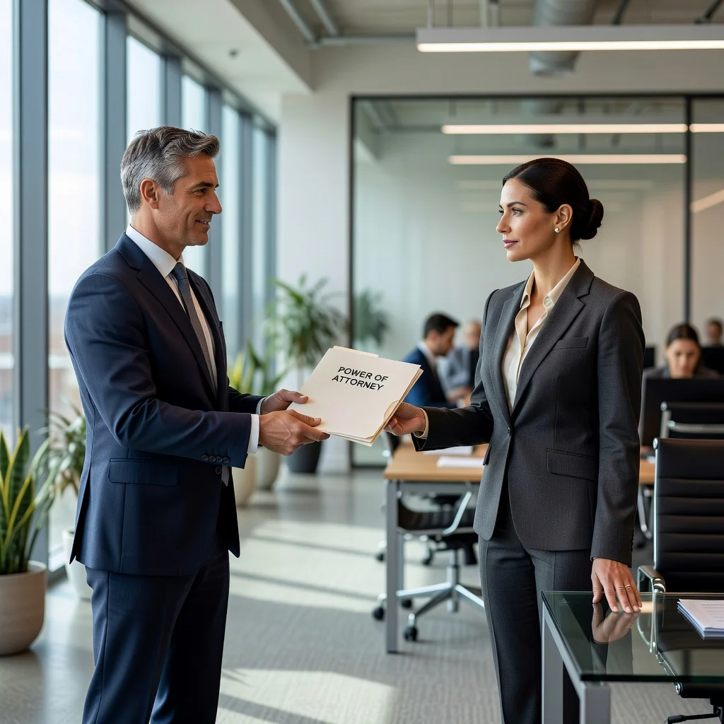 A photorealistic image of a professional adult handing over a power of attorney document to another adult in a formal office setting, symbolizing trust and delegation of authority, with no children visible.