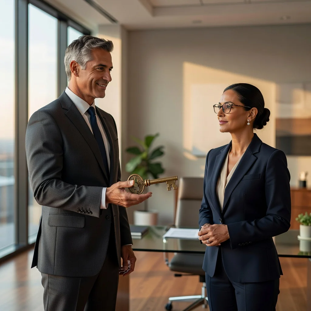 A photorealistic image depicting a mature adult in a professional setting, such as an elderly person confidently discussing financial matters with a trusted advisor in a modern office, symbolizing empowerment and planning through power of attorney, with no legal documents visible.